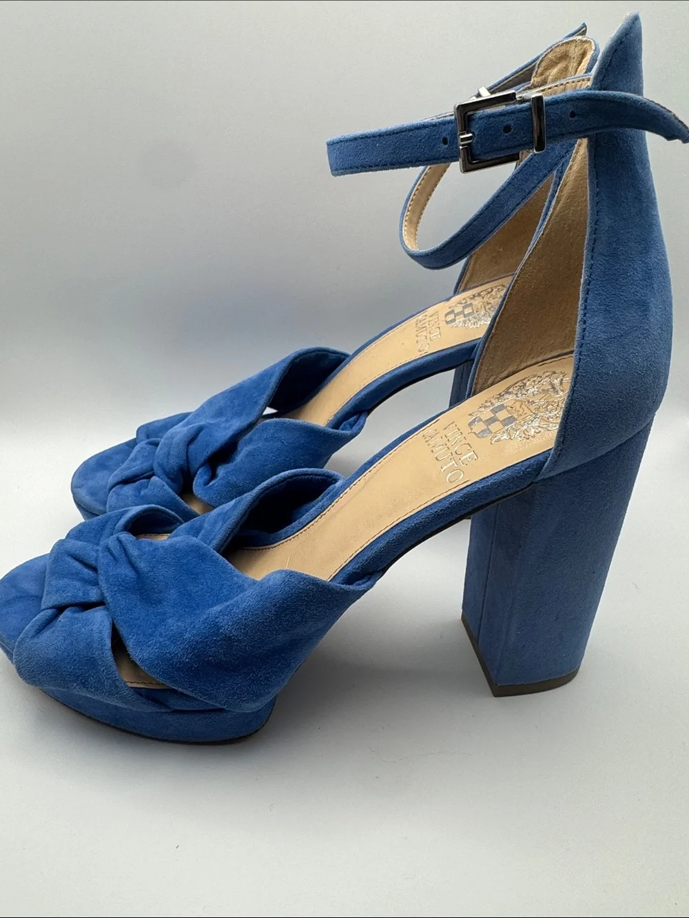 Vince Camuto Blue Suede Knotted Platform Block Heel Sandals 7.5
